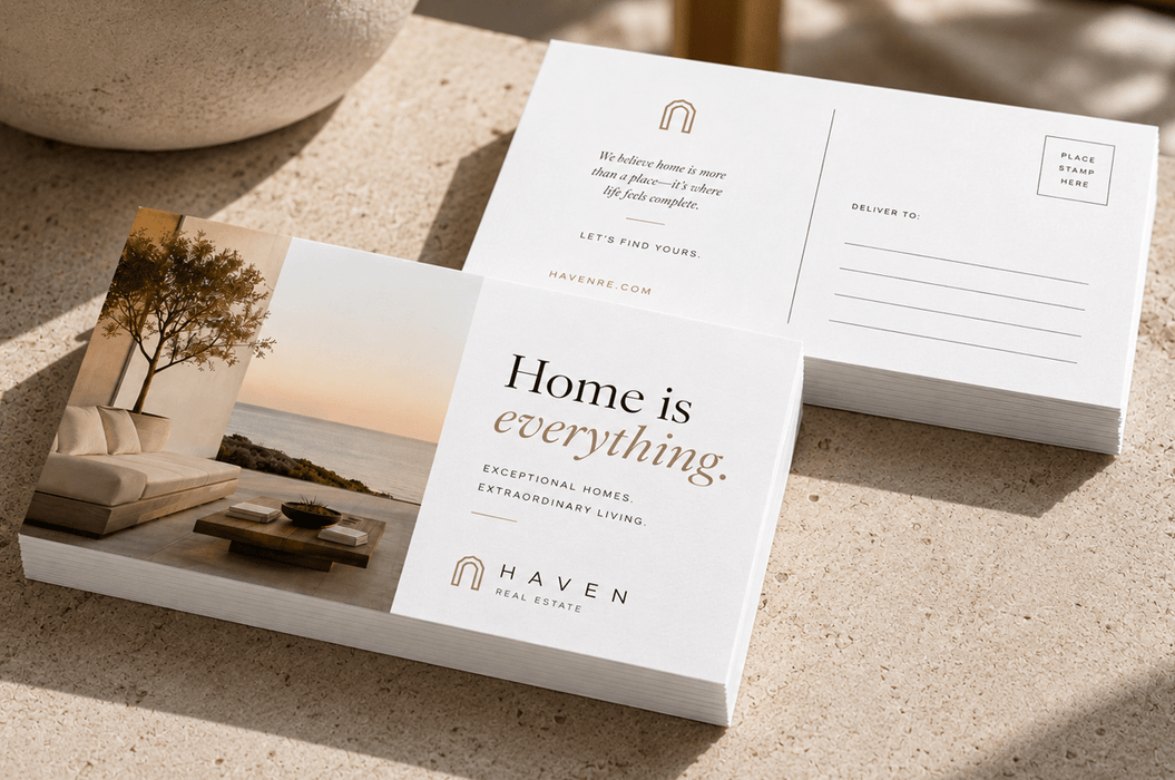 Front and back view of custom size 24pt recycled uncoated postcards featuring Haven Real Estate branding and modern interior design artwork