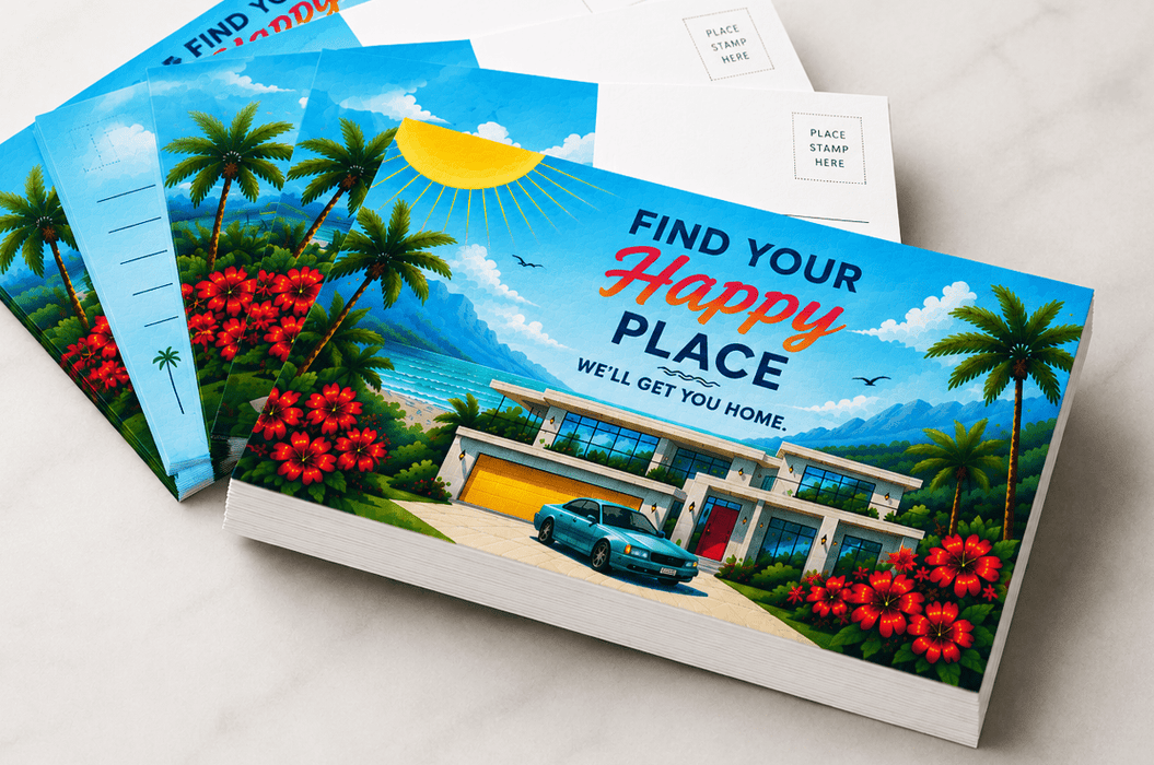 Stack of custom printed 24pt recycled uncoated postcards featuring colorful tropical real estate artwork with palm trees. Printed by Clubcard Palm Springs