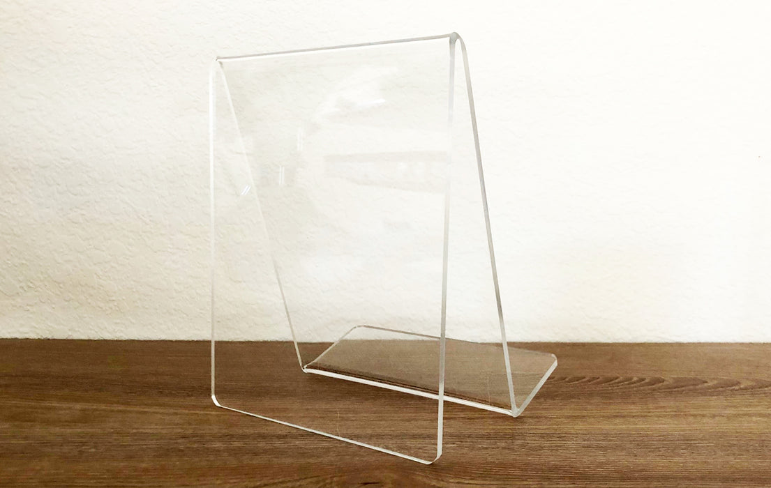 clear acrylic book display stand rear angle view| Clubcard Printing