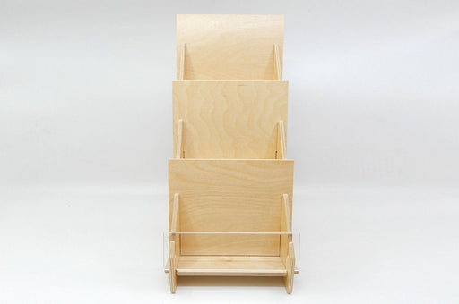 Front view of a 3-tier birch wood slim card display rack made in the USA from Clubcard Printing in Palm Springs