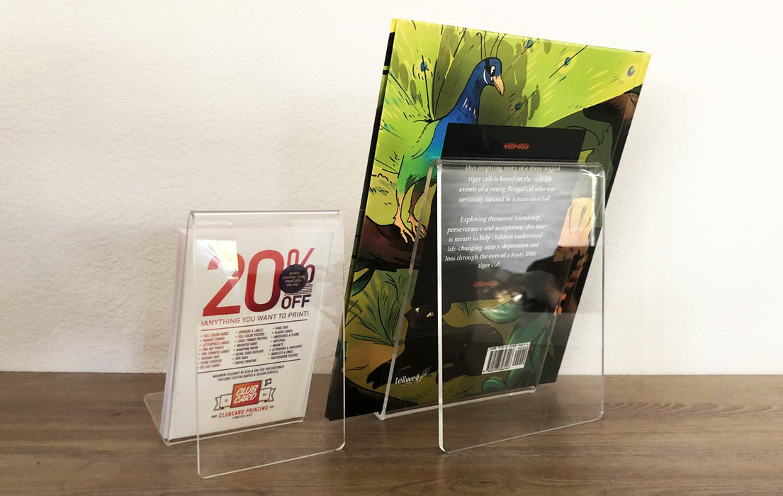 rear angle view of clear acrylic 6" wide and 4" wide book display stand | Clubcard Printing