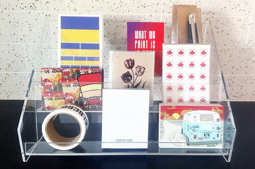 Clear Acrylic Display Stand 18" 3 tier Display for Greeting Cards, Postcards and Gifts | Retail Counter Display - Clubcard Printing USA