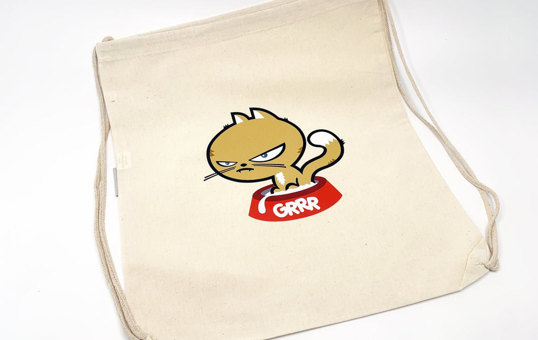 Natural organic cotton drawstring backpack custom printed with the Clubcard grumpy cat mascot illustration