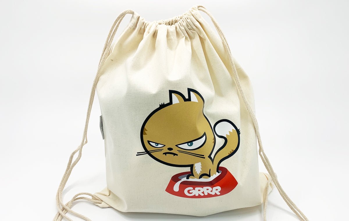 Natural organic cotton drawstring backpack custom printed with Clubcard's grumpy cat mascot illustration