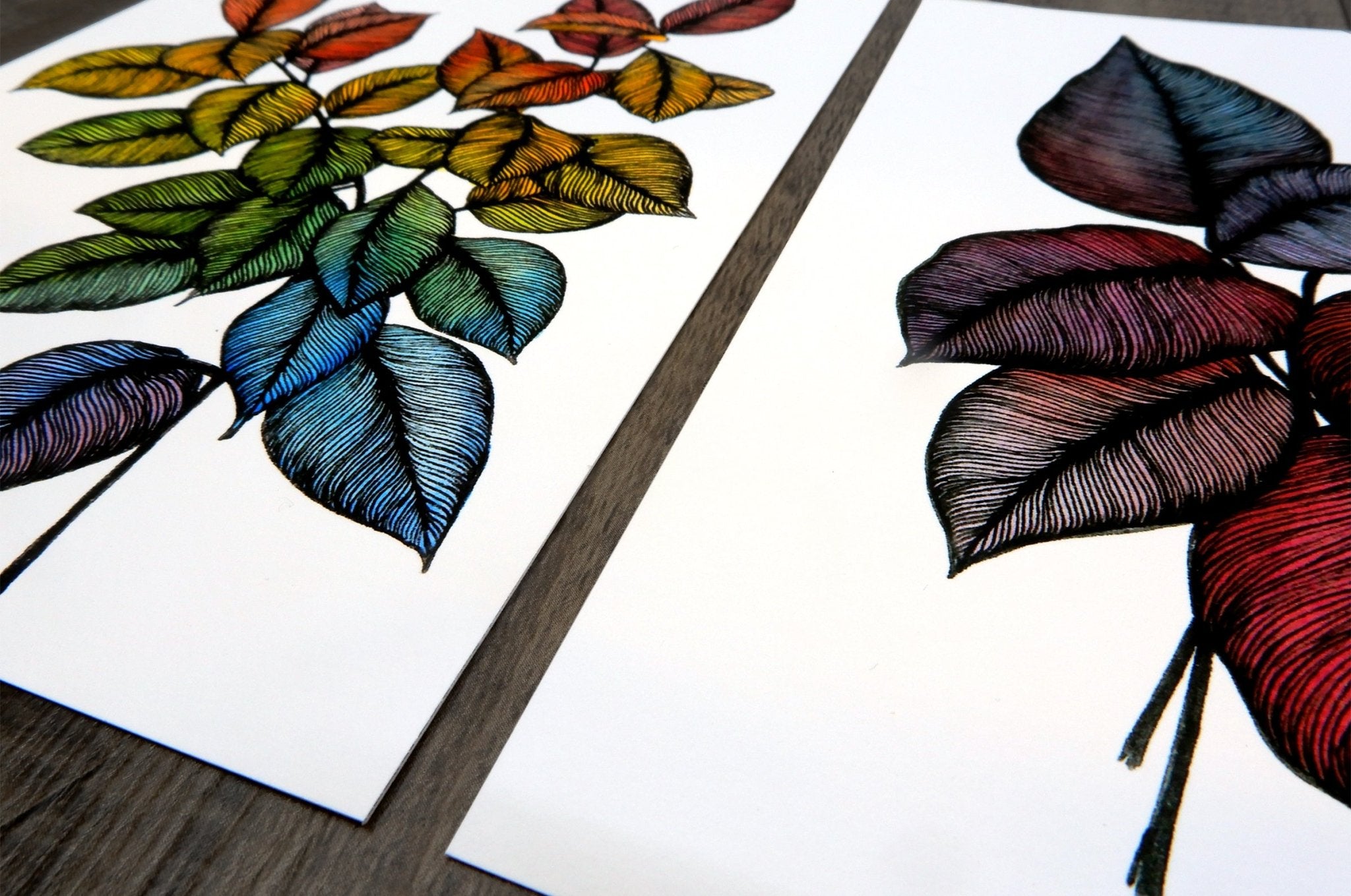 fine-art-print-giclée line art print of leaves in rainbow hues printed with archival inks on cotton on Epson archival cotton acid free paper 
