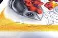 Archival giclée fine art print featuring a close-up drawing of a bird with vivid red and orange accents on textured paper