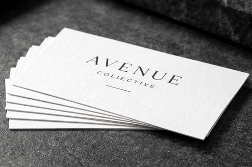 Letterpress business cards custom printed on 20pt white cotton stock with Avenue Collective debossed branding