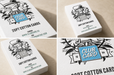 Four-panel collage showing the same printed card deck box from multiple angles on a light beige surface. The box is white with black illustrated graphics and blue foil badge reading CLUB CARD; text also includes 20PT COTTON CARDS and website text.