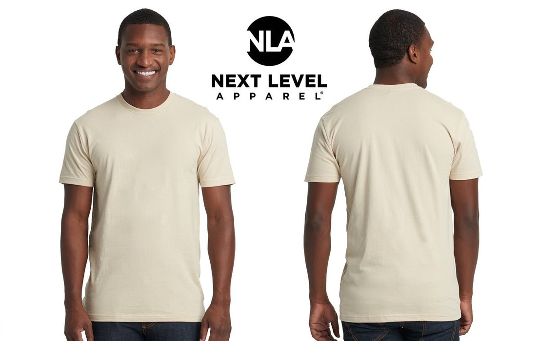 Front and back view of a male model wearing a blank cream Next Level Apparel unisex cotton t-shirt
