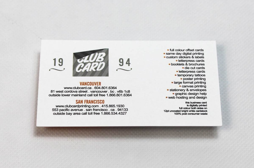 12pt Uncoated Business Cards | Back of a Clubcard Printing Employee's Card | List of Clubcard Printing Locations and services offered | Clubcard Printing USA