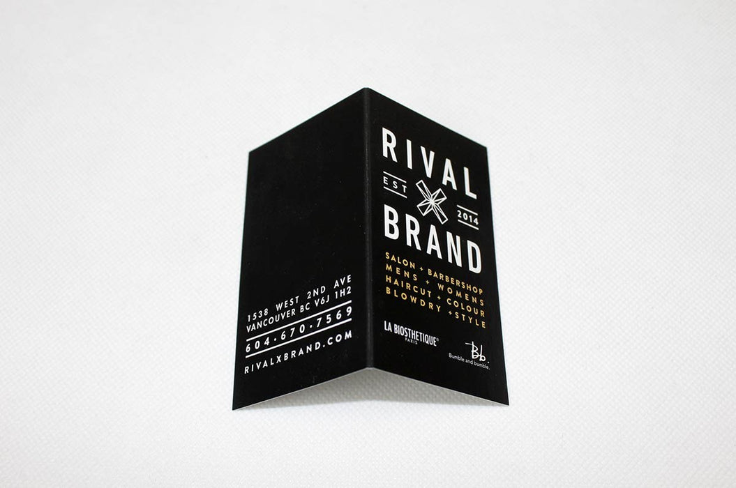 the outside of Rival x Brand's folding business card | Front cover shows their name and services | Back cover shows address, phone number, and website | Clubcard Printing USA