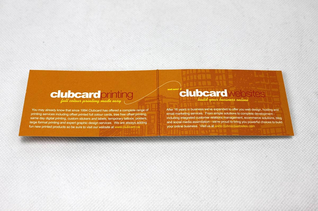Inside of the folding business card printed in full color on 14pt uncoated stock for Clubcard opened flat | Business card is designed horizontally with the fold along the short side, and opens like a book | Clubcard Printing USA
