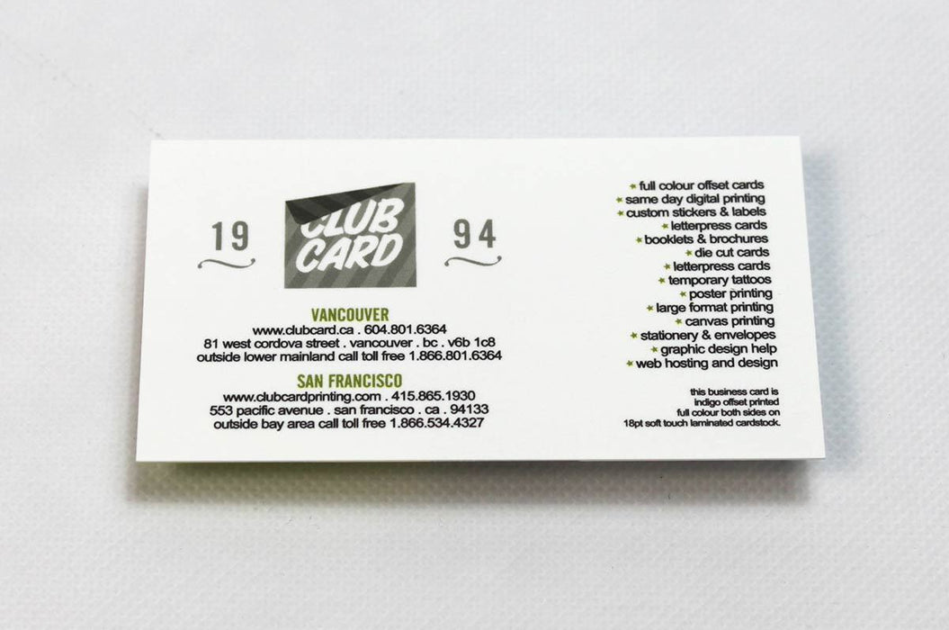 Full color business cards for Clubcard Printing on our 20pt Soft Touch Laminated stock | Clubcard Printing USA