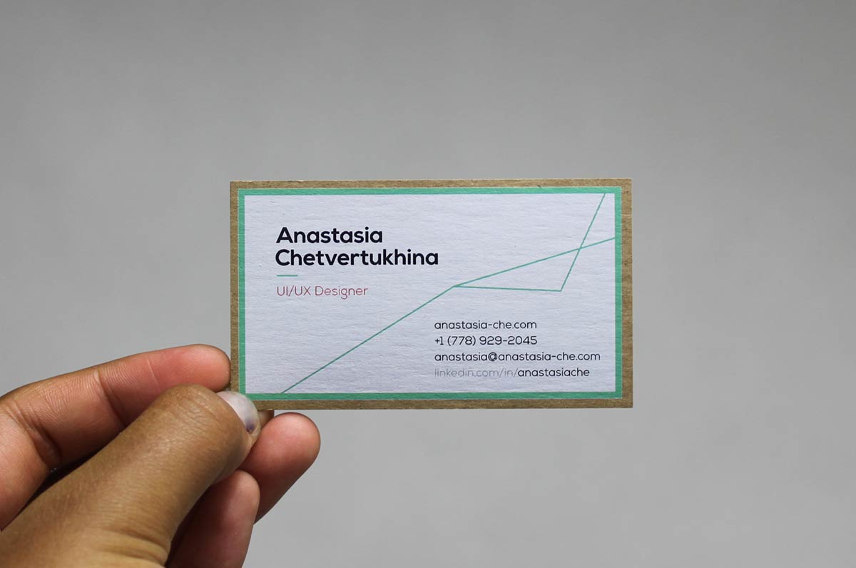 Business cards for Anastasia Chetvertukhina on 24pt chipboard Kraft stock in full color and white ink | Clubcard Printing USA
