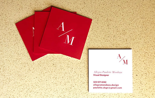 Custom business cards for Allegra Paulette Mendoza on 37pt Uncoated Color Core stock | one side is red with their logo in white, the other side is white with their information in red | Clubcard Printing USA