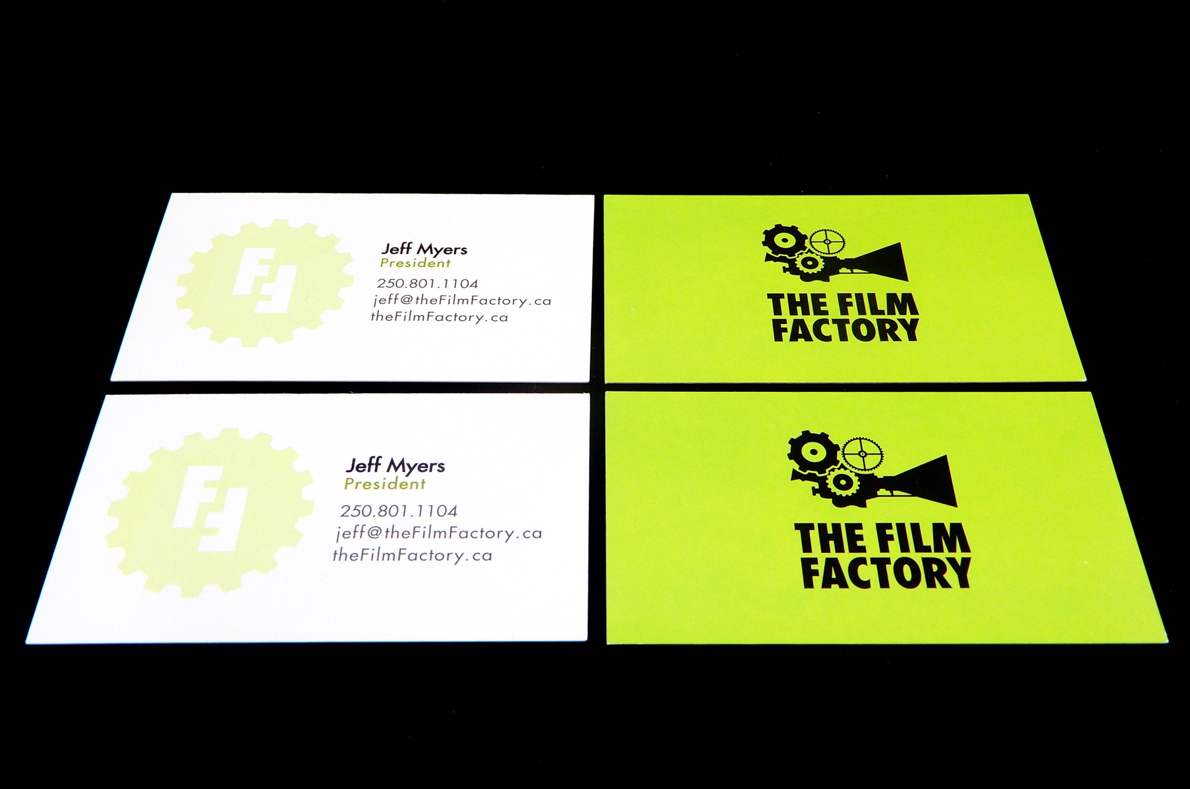 both sides of business cards for The Film Factory business on coated 16pt card stock | Clubcard Printing USA