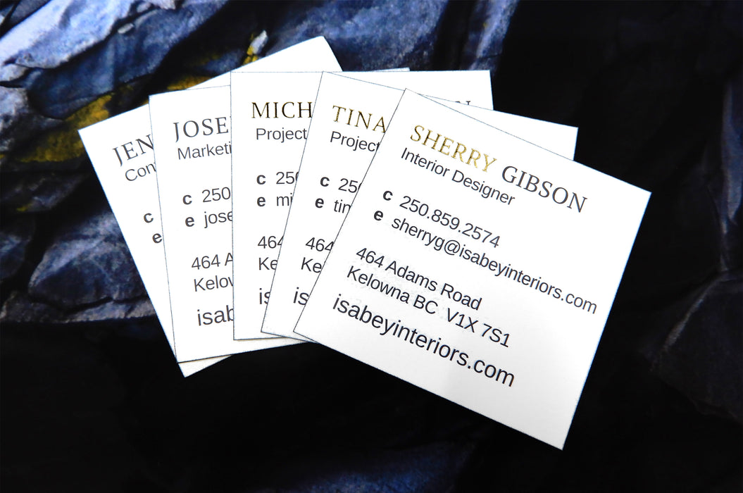 Information side of square business cards for Isabey Interiors on 32pt uncoated stock with gold foil | Clubcard Printing USA