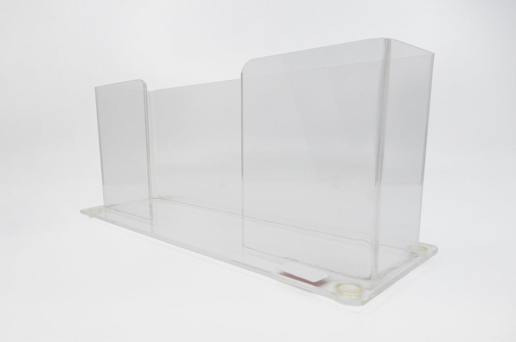 Back of a clear acrylic rack card stand on a white background.