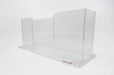 Back of a clear acrylic rack card stand on a white background.
