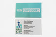 Business cards for Rain City Games on 15pt uncoated stock | one side has "Fun Unplugged" in white with a turquoise geometric background, the other has their logo, contact information nd addresses | Clubcard Printing USA