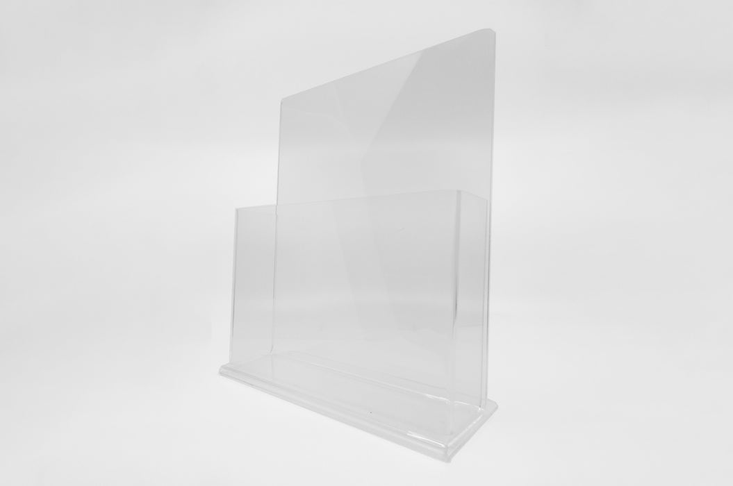 Clear acrylic sell sheet display stand made to hold 8.5" x 11" paper products.