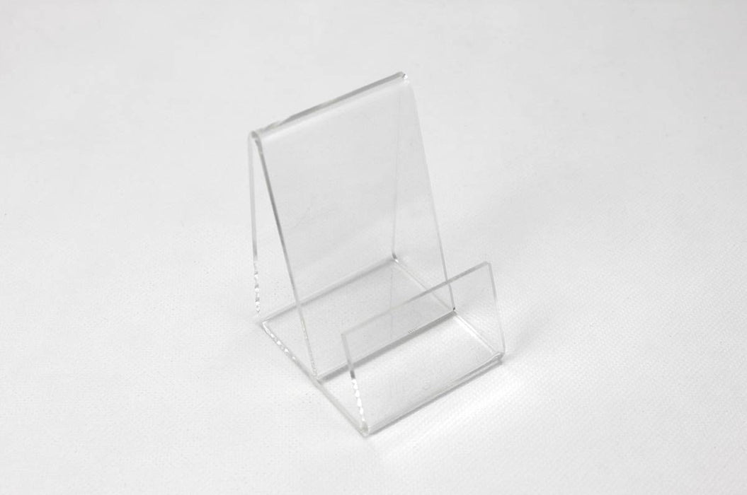 Vertical clear acrylic business stand frame on a white background.