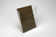Clear acrylic brochure stand holding a kraft card on a white background.