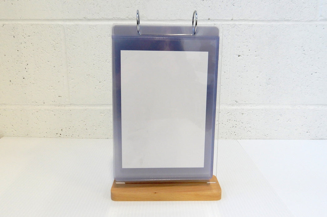 Large Flippable Menu Display Stand With Clear Pockets | Wood + Acrylic