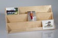 Large birch plywood 3-tier card display rack with acrylic front panel holding three postcards.