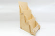 Side of a slim birch plywood 3-tier display card stand.