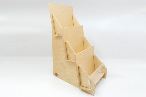 Side of a slim birch plywood 3-tier display card stand.