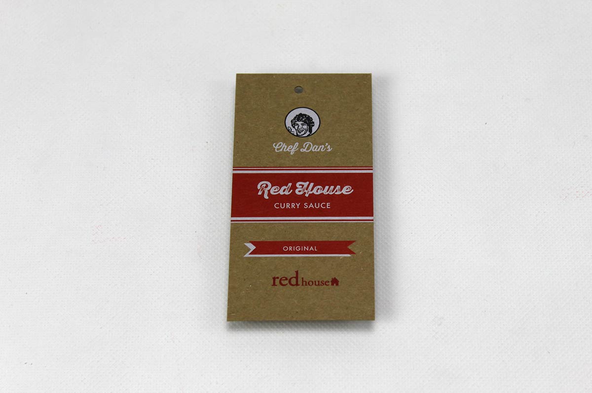 Natural kraft full color hang tags printed on 100% recycled 24pt chipboard. Hang Tag example by Red House (redhouseuptown.ca)