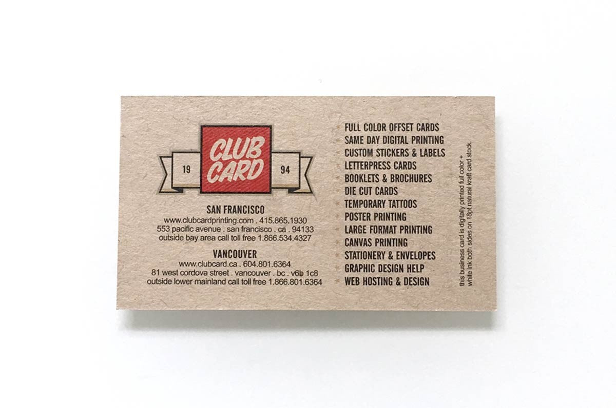 Full color and white ink business cards printed on 18pt natural kraft stock | Shows shop location and services provided at Clubcard Printing | Clubcard Printing USA