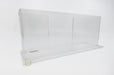 Clear acrylic rack card stand on a white background.