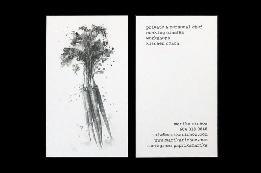 Custom business cards for Marika Richoz printed in full color on white stipple 24pt stock | Clubcard Printing USA
