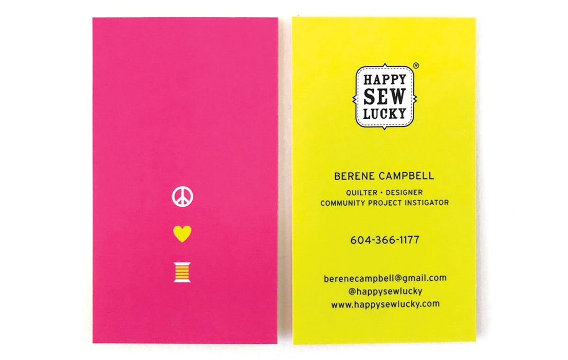 Custom business cards for Happy Sew Lucky on suede laminated 19pt stock | bright pink on one side and bright yellow on the other | Clubcard Printing USA